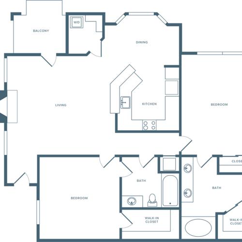 1123 square foot two bedroom two bath apartment floorplan image