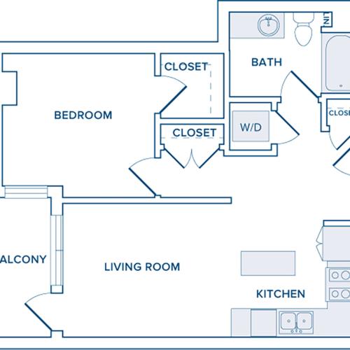 723 to 725 square foot one bedroom one bath apartment floorplan image
