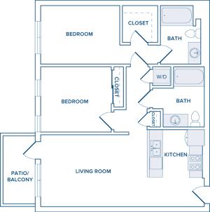 1067-1222 square foot two bedroom two bath apartment floorplan image