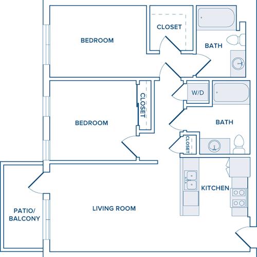 1067-1222 square foot two bedroom two bath apartment floorplan image