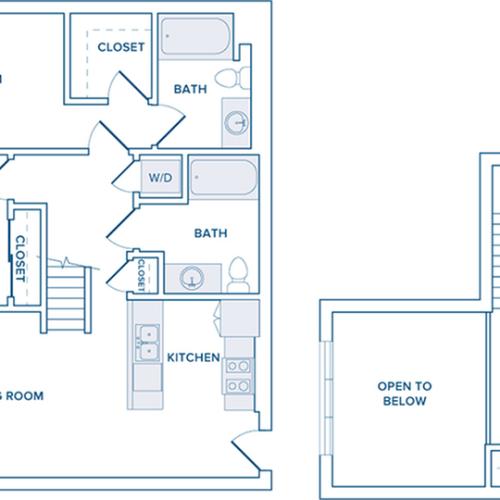 1210 to 1364  square foot two bedroom loft two bath apartment floorplan image