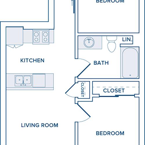 736 to 747 square foot two bedroom one bath apartment floorplan image