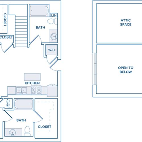 1283 square foot two bedroom loft two bath apartment floorplan image