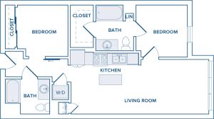 861-969 square foot two bedroom two bath apartment floorplan image