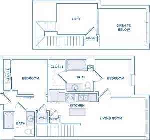 964-1042 square foot two bedroom loft two bath apartment floorplan image