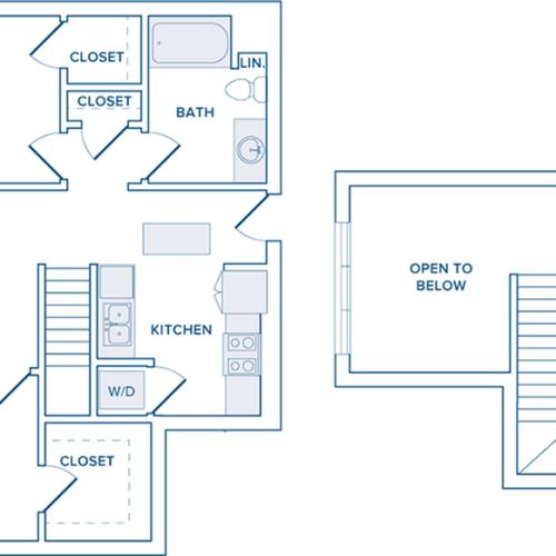 1063 square foot two bedroom loft two bath apartment floorplan image