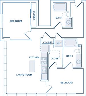 1120-1126 square foot two bedroom two bath apartment floorplan image