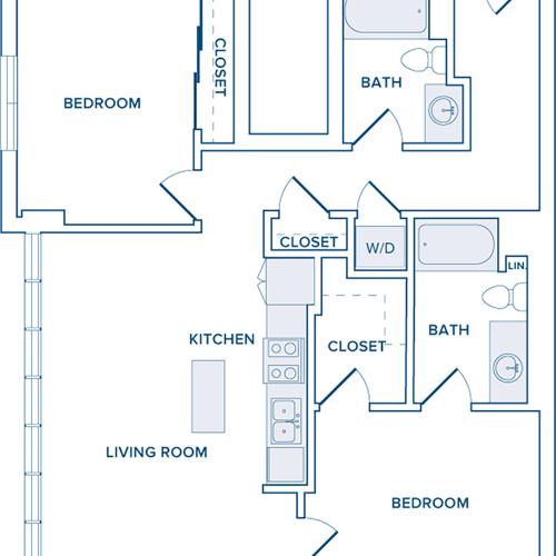 1120-1126 square foot two bedroom two bath apartment floorplan image