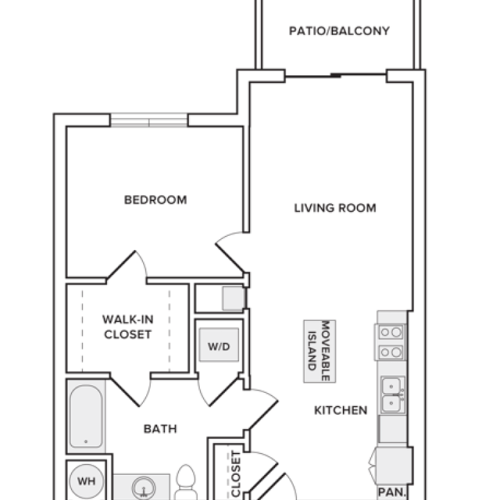 711 square foot one bedroom one bathroom apartment floorplan image