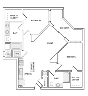 1103 square foot two bedroom two bath apartment floorplan image