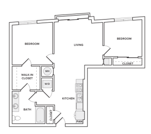 958 square foot two bedroom two bath apartment floorplan image