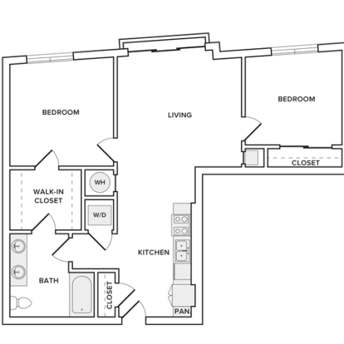 958 square foot two bedroom two bath apartment floorplan image
