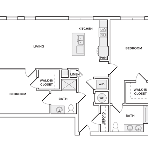1273 square foot two bedroom two bath apartment floorplan image