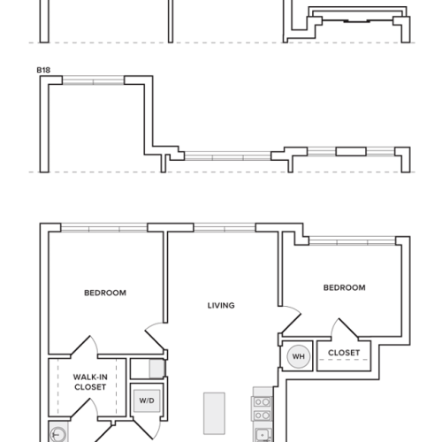 975 square foot two bedroom one bath apartment floorplan image