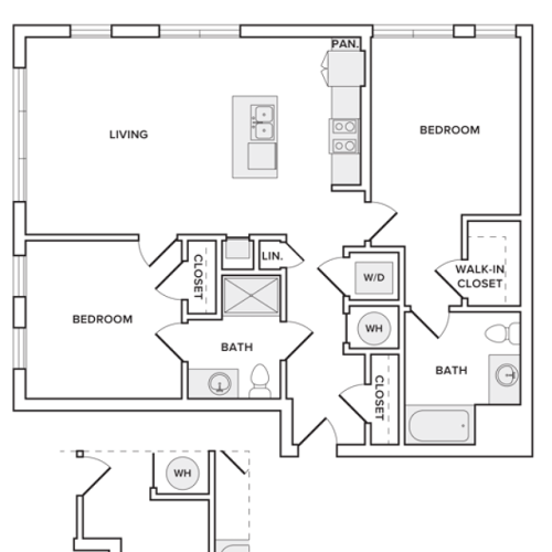 1065 square foot two bedroom two bath apartment floorplan image