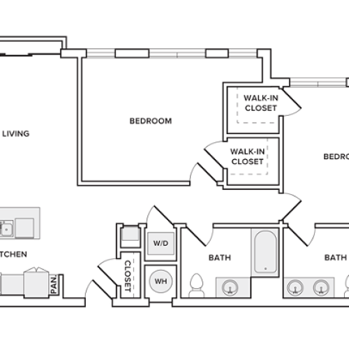 1182 square foot two bedroom two bath apartment floorplan image
