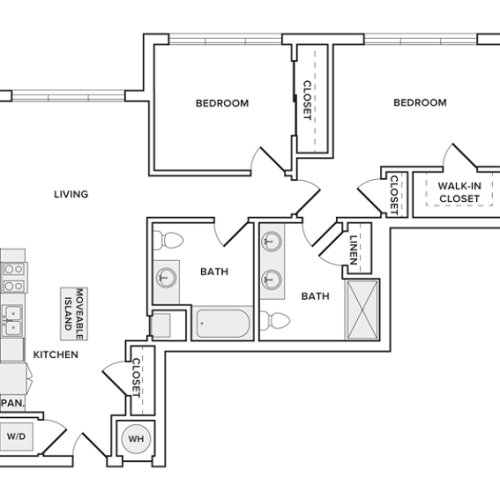 1087 square foot two bedroom two bath apartment floorplan image