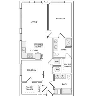 1104 square foot two bedroom two bath apartment floorplan image
