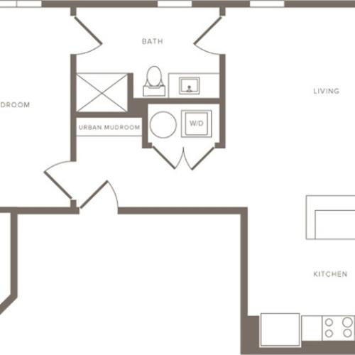 886 square foot one bedroom one bathroom apartment floorplan image