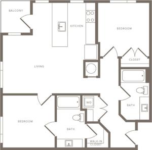 981 square foot two bedroom two bath apartment floorplan image