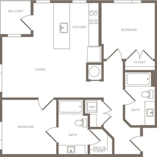 981 square foot two bedroom two bath apartment floorplan image