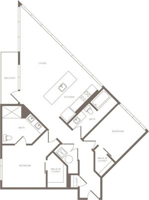 1207 square foot two bedroom two bath apartment floorplan image