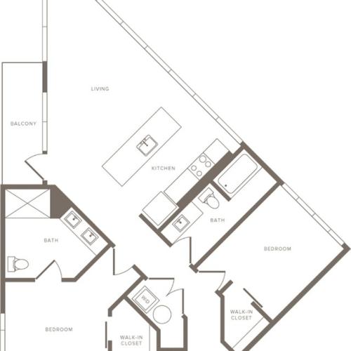1207 square foot two bedroom two bath apartment floorplan image