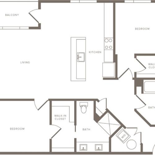1343 square foot two bedroom two bath apartment floorplan image