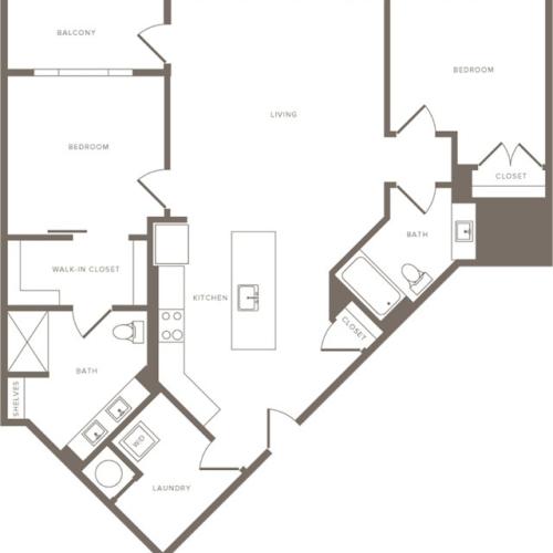 1350 square foot two bedroom two bath apartment floorplan image