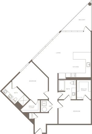 1419 square foot two bedroom two bath apartment floorplan image