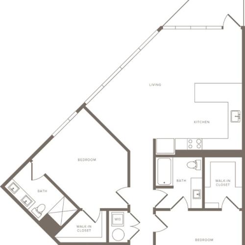 1419 square foot two bedroom two bath apartment floorplan image
