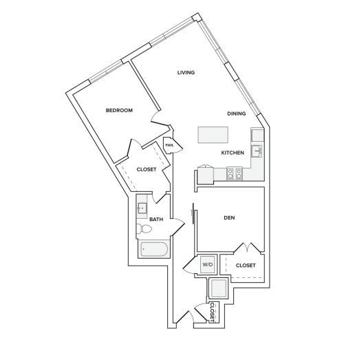 895 square foot one bedroom den, one bath apartment floorplan image