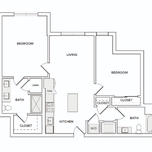 989 square foot two bedroom two bath apartment floorplan image