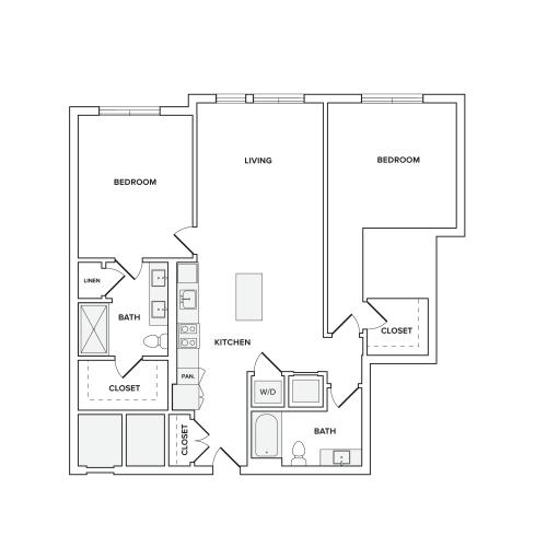 1116 square foot two bedroom two bath apartment floorplan image