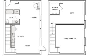 1120 square foot one bedroom one bath townhome floorplan image
