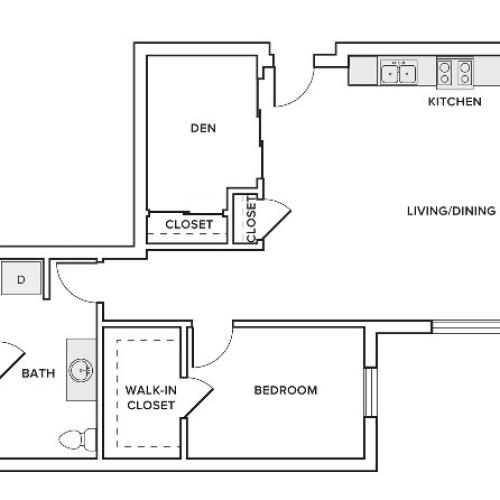 980 square foot one bedroom one bath den apartment floorplan image