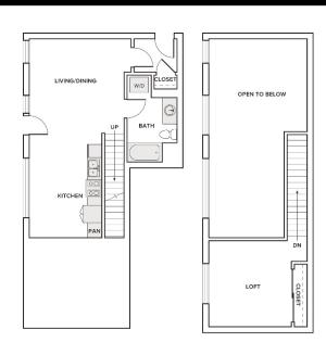893 square foot one bedroom one bath townhome floorplan image