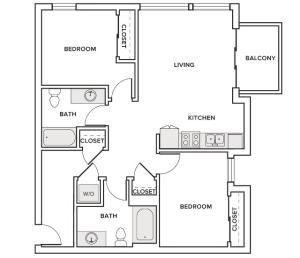 943 square foot two bedroom two bath apartment floorplan image