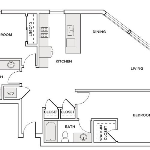 1213 square foot two bedroom two bath apartment floorplan image