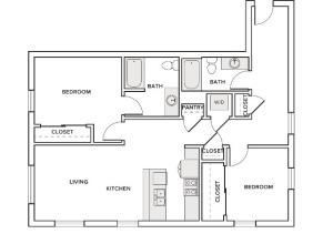 1076 square foot two bedroom two bath apartment floorplan image