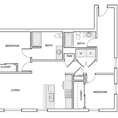 1133 square foot two bedroom two bath apartment floorplan image