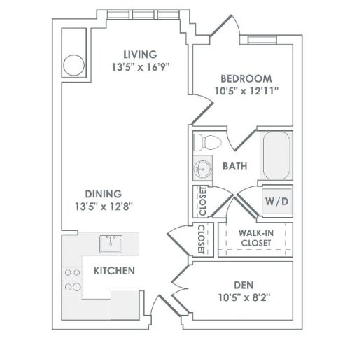 991 square foot one bedroom den one bath apartment floorplan image
