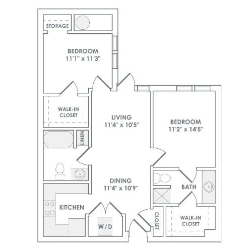1036 square foot two bedroom two bath apartment floorplan image