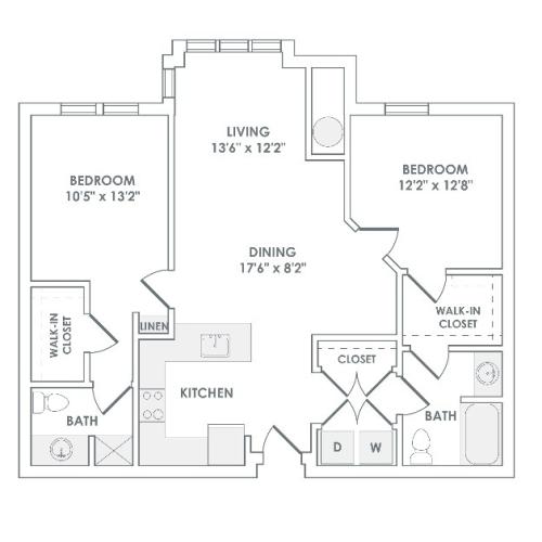 1105 square foot two bedroom two bath apartment floorplan image