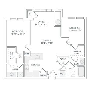 1172 square foot two bedroom two bath apartment floorplan image