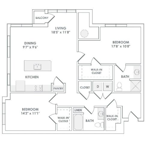 1234 square foot two bedroom two bath apartment floorplan image