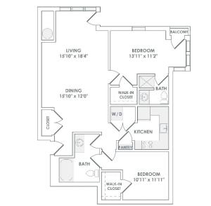 1303 square foot two bedroom two bath apartment floorplan image
