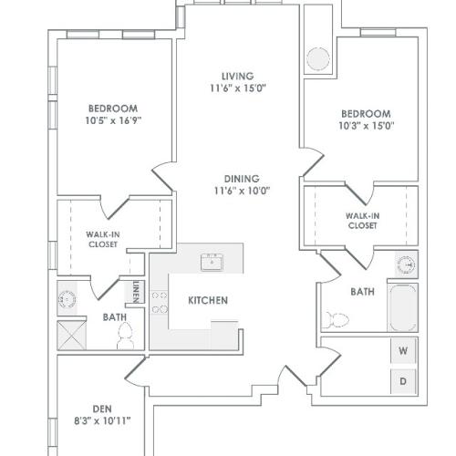 1384 square foot two bedroom den two bath apartment floorplan image