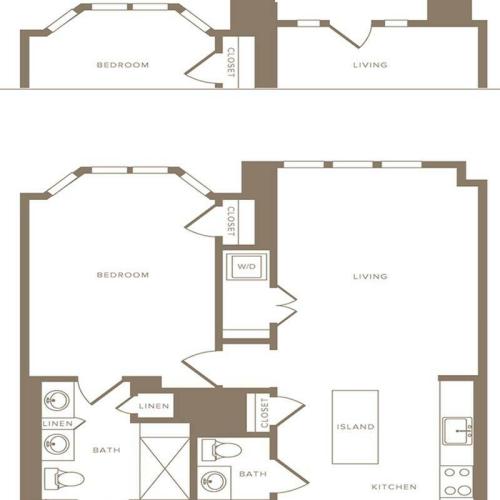 802-924 square foot one bedroom one and a half bath floor plan image