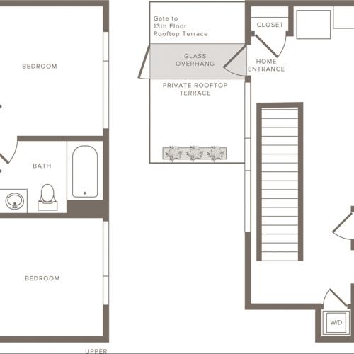1,053 square foot two bedroom two bath apartment two story penthouse floorplan image
